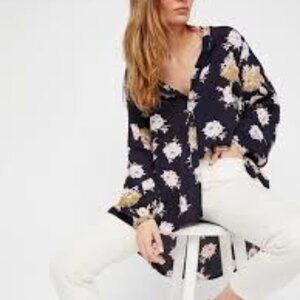 Free People Floral Boho Lightweight Button Down Blouse Pink Roses XS